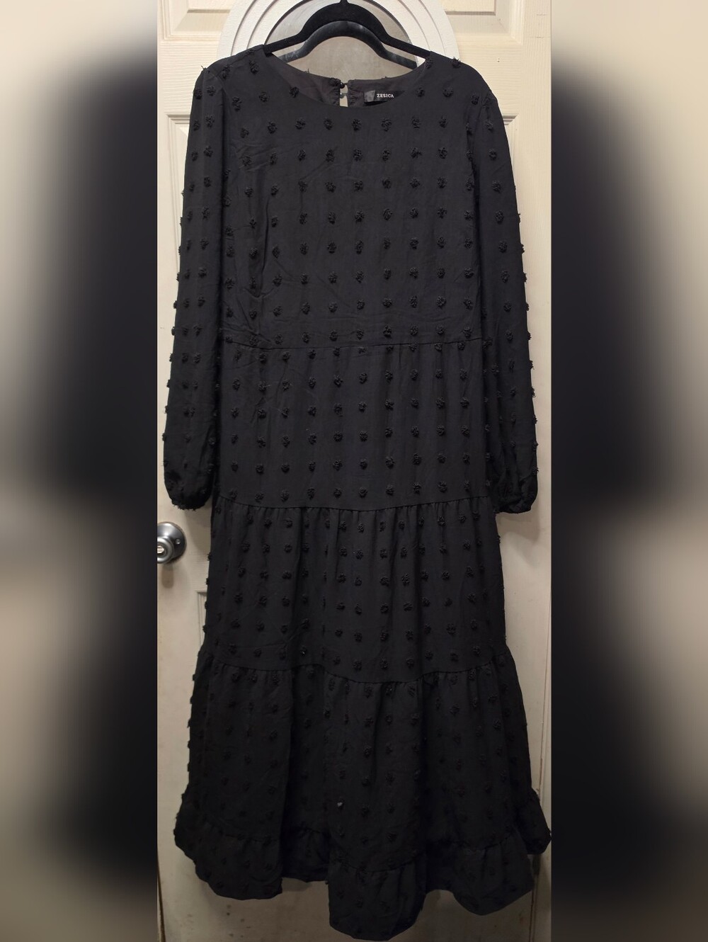 Zesica Black Textured Swiss Dot Tiered Long Sleeve Dress
